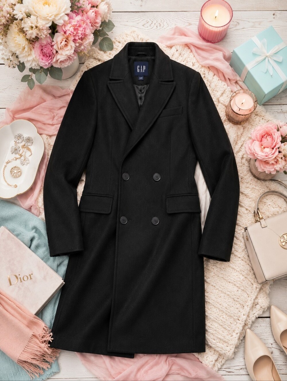 GAP Timeless Tailored Wool Blend Coat | Black Double Breasted |LgPetite|Like New - Picture 9 of 9